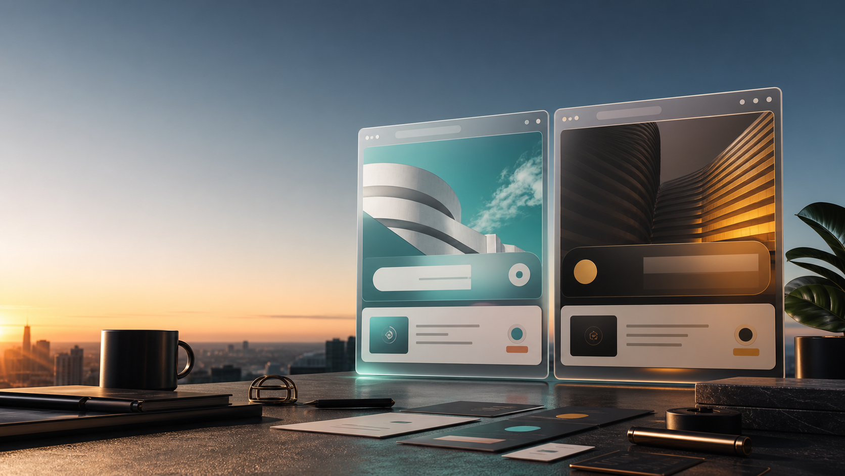 Two polished digital properties represented by floating interface panels.